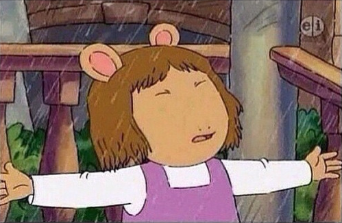 d.w. from arthur opening her arms in the rain